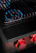 Stono Outdoor Living Close-up of the TrueFlame Gas Double Side Burner - TFSB2L by TrueFlame, featuring stainless steel construction, blue flames under the grill, red-lit control knobs, and side burners—ideal for your outdoor kitchen.