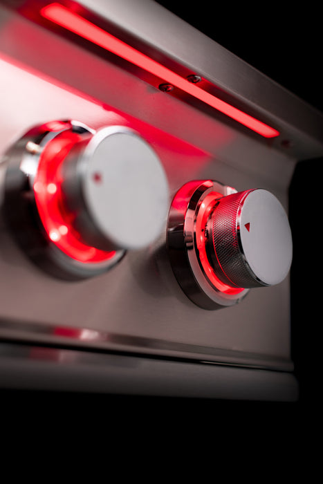 Stono Outdoor Living Close-up of two metallic control knobs on the TrueFlame Double Side Burner - TFSB2, featuring red LED lights and a sleek stainless steel finish—ideal for outdoor kitchens seeking high BTU performance.
