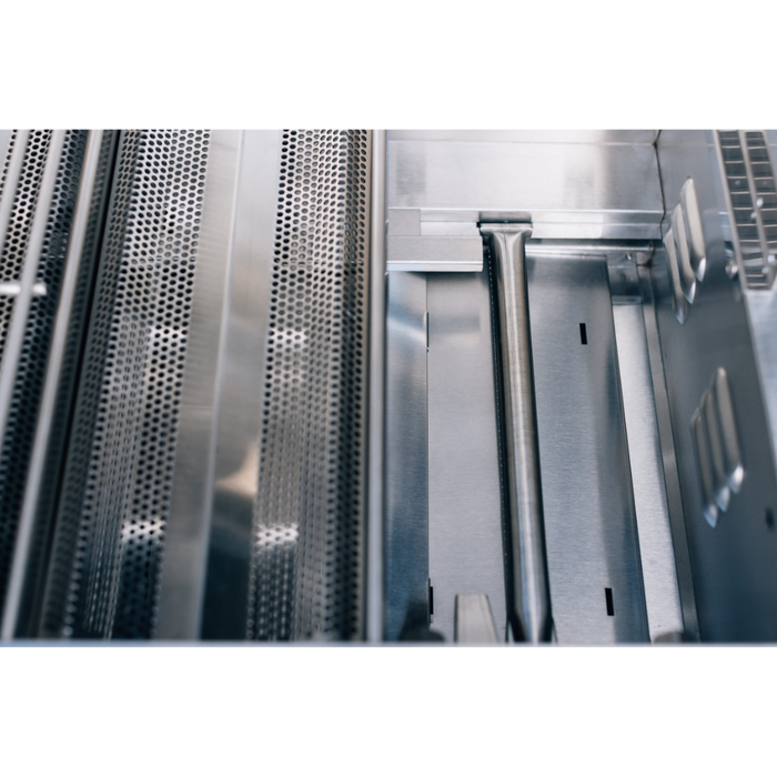 Stono Outdoor Living Close-up of the TrueFlame E Series 32" 4-Burner Built-In Natural Gas Grill (TFE32) interior, featuring #304 stainless steel perforated panels and metal rods for a sleek, modern, and durable commercial-grade look.