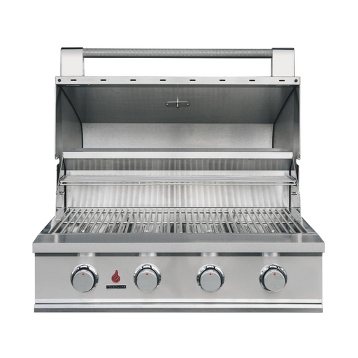 Stono Outdoor Living The TrueFlame E Series 32" Stainless Steel 4-Burner Built-In Propane Gas Grill (TFE32L) features four control knobs, a spacious grilling area, raised warming rack, and an open commercial-grade lid showcasing its clean interior.