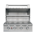 Stono Outdoor Living The TrueFlame E Series 32" Stainless Steel 4-Burner Built-In Propane Gas Grill (TFE32L) features four control knobs, a spacious grilling area, raised warming rack, and an open commercial-grade lid showcasing its clean interior.