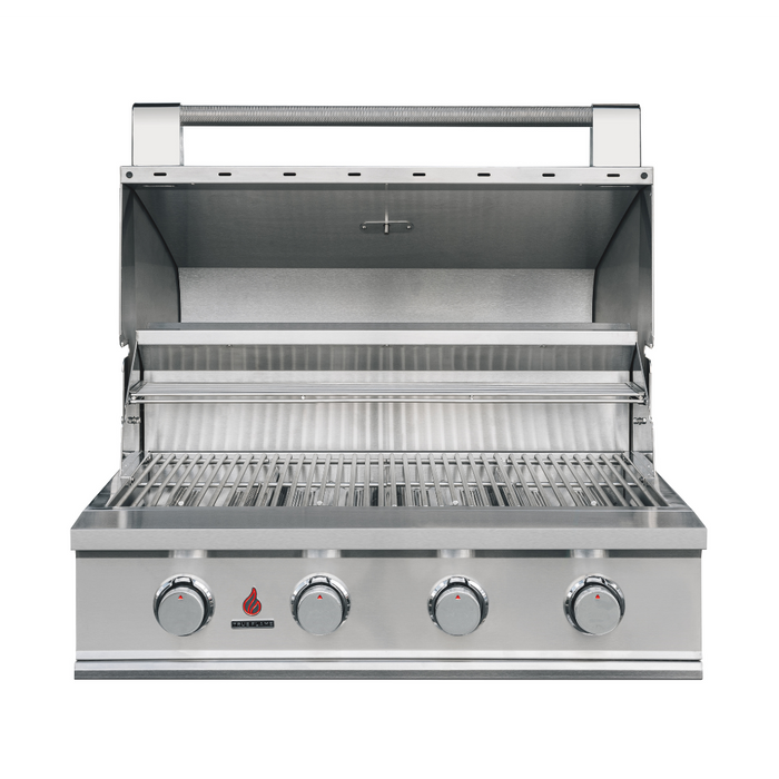 Stono Outdoor Living The TrueFlame E Series 32" 4-Burner Built-In Natural Gas Grill (TFE32) features a #304 stainless steel design, four control knobs, an open lid, and two spacious cooking racks inside.