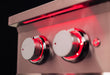 Stono Outdoor Living Close-up of two metallic control knobs with illuminated red lights on the TrueFlame Natural Gas Power Burner (TFPB) by TrueFlame, set against a dark background.