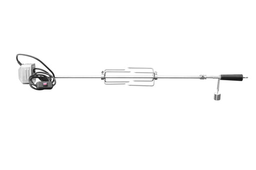 Stono Outdoor Living The TrueFlame Rotisserie Kit for 32" Grill (TFRK-32) features a metal spit rod with black handle, two adjustable forks, stainless steel motor, and power cord—ideal for outdoor cooking by TrueFlame. Shown on a white background.