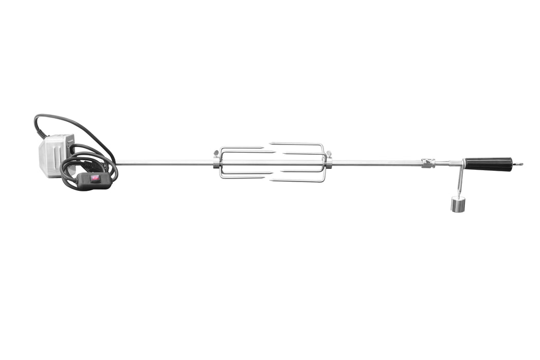 Stono Outdoor Living The TrueFlame Rotisserie Kit for 40" Grill (TFRK-40) features a stainless steel motor, adjustable forks, and a black handle—ideal for outdoor grilling or roasting meat with ease.