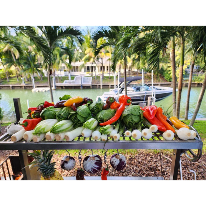 Stono Outdoor Living An array of fresh vegetables, like bok choy and peppers, is arranged on the Tagwood BBQ Argentine Santa Maria Wood Fire & Charcoal Grill (BBQ06SS) by Tagwood BBQ outdoors near a canal lined with boats and palm trees.