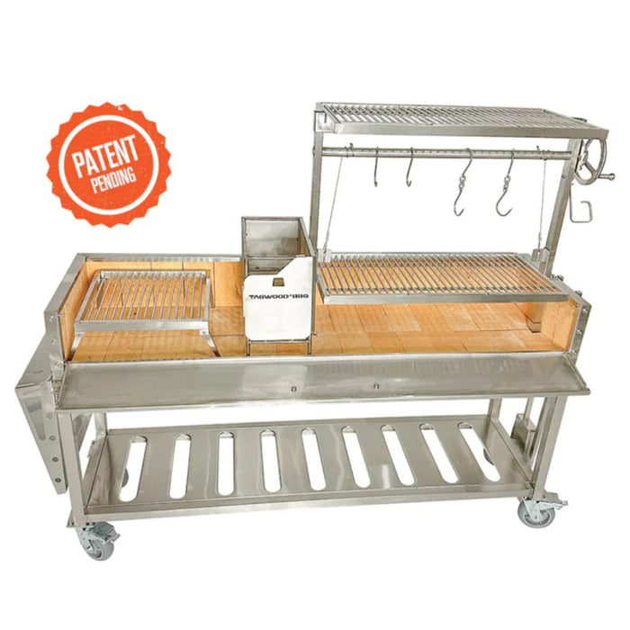 Stono Outdoor Living The Tagwood BBQ Argentine Santa Maria Wood Fire & Charcoal Grill (BBQ06SS) by Tagwood BBQ features 304 stainless steel, multiple cooking grates, wood/charcoal box, meat hooks, storage shelf, wheels, and displays a Patent Pending badge.
