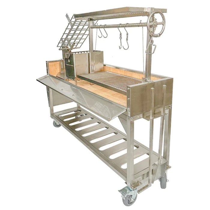Stono Outdoor Living The Tagwood BBQ Argentine Santa Maria Wood Fire & Charcoal Grill (BBQ06SS) by Tagwood BBQ is a large 304 stainless steel grill with a crank wheel, grill grates, hanging hooks, side shelf, storage rack, and wheels for easy mobility.