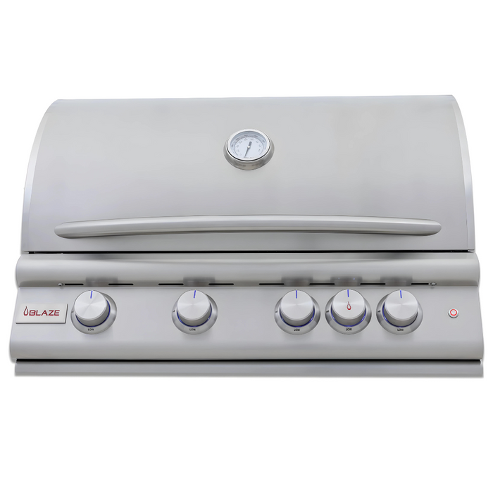 Stono Outdoor Living The Blaze Premium LTE+ 32" 4-Burner Propane Grill (BLZ-4LTE3-LP) features searing rods, a rear infrared burner, grill lights, five knobs, a temp gauge, Blaze logo on the front panel—durable stainless steel and backed by a lifetime warranty.