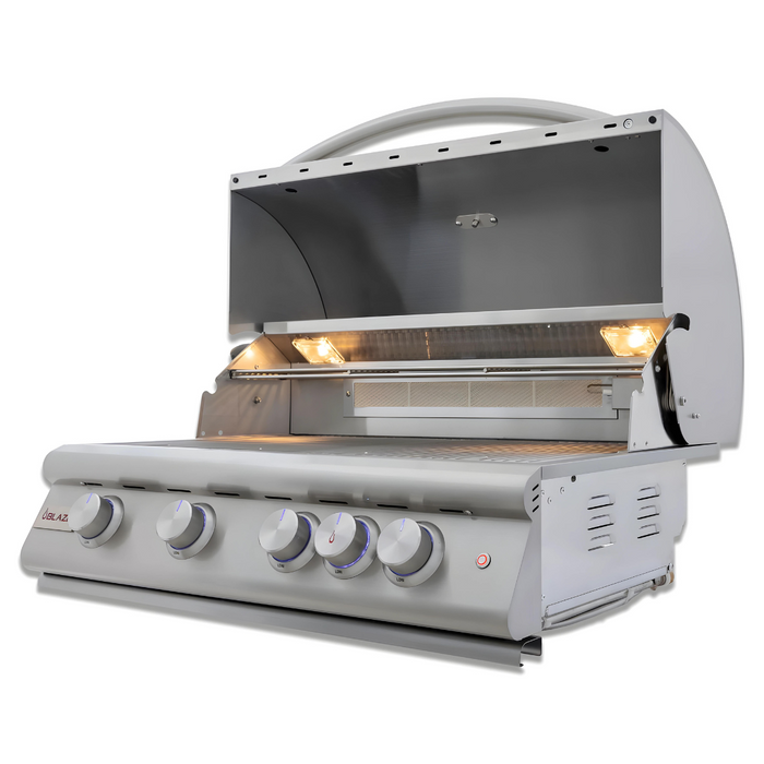 Stono Outdoor Living The Blaze Premium LTE+ 32" 4-Burner Propane Grill With Rear Infrared Burner & Grill Lights (BLZ-4LTE3-LP) by Blaze features stainless steel, searing rods, five control knobs, an open lid, interior lights, and side vent holes on a white background.