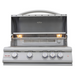 Stono Outdoor Living A front view of the Blaze Premium LTE+ 32" 4-Burner Propane Grill (BLZ-4LTE3-LP) showcases four control knobs, searing rods, two interior lights, and an open lid—built to last with a lifetime warranty.