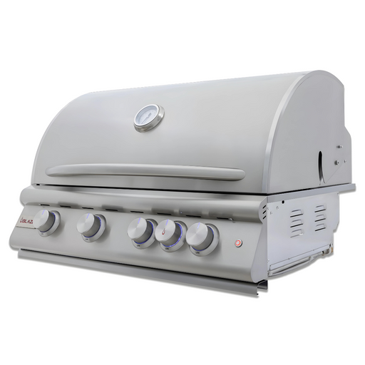 Stono Outdoor Living The Blaze Premium LTE+ 32" Propane Grill by Blaze features a closed lid, four control knobs, a top temperature gauge, rear infrared burner, grill lights, searing rods for perfect grilling, and side ventilation panels.