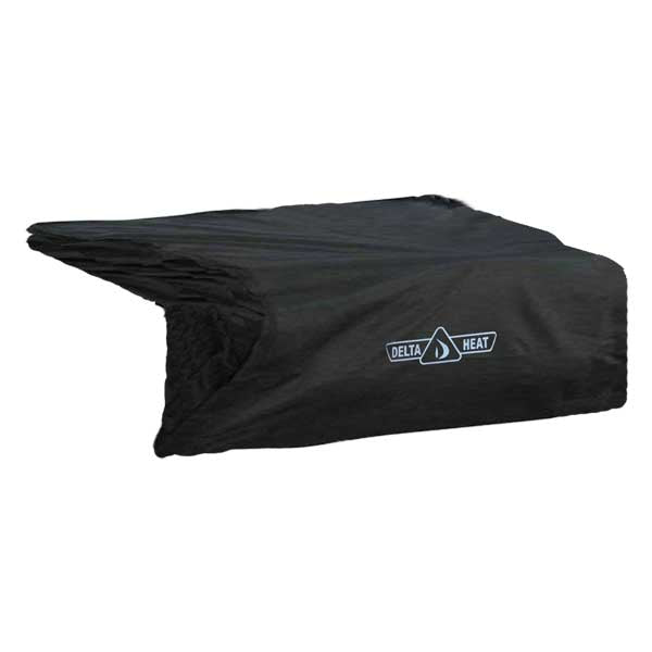 Stono Outdoor Living The Delta Heat 32-Inch Teppanyaki Grill Vinyl Cover – VCTG32 is a black custom-fit cover with the Delta Heat logo, designed to shield your outdoor grill from weather and debris.