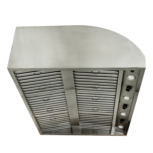 Stono Outdoor Living The Blaze 48-Inch Stainless Steel Vent Hood (2000 CFM, BLZ-48-VHOOD) features commercial-grade baffles, control knobs, and built-in lights—perfect for any high-performance outdoor kitchen setup.