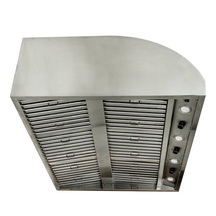 Stono Outdoor Living The Blaze 48-Inch Stainless Steel Vent Hood (2000 CFM, BLZ-48-VHOOD) features commercial-grade baffles, control knobs, and built-in lights—perfect for any high-performance outdoor kitchen setup.
