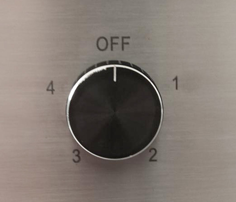 Stono Outdoor Living A close-up of a black control knob on the Blaze 48-Inch Stainless Steel Vent Hood (BLZ-48-VHOOD, 2000 CFM), set to OFF and numbered 1-4—perfect for outdoor kitchens with commercial-grade baffles.