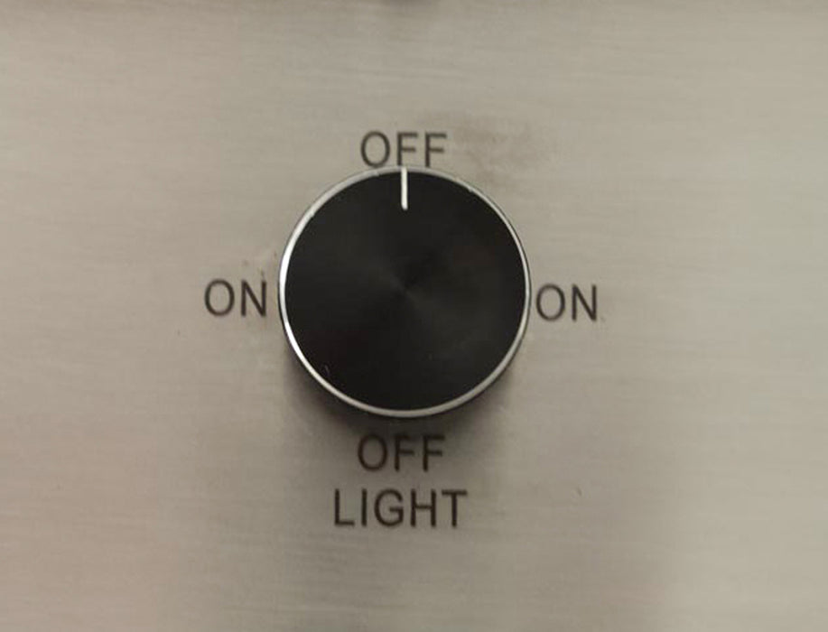 Stono Outdoor Living A black control knob on the Blaze 48-Inch Stainless Steel Vent Hood (BLZ-48-VHOOD) with positions: OFF (top), ON (left/right), OFF LIGHT (bottom). The knob is currently set to OFF.