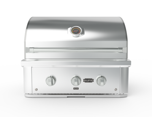 Stono Outdoor Living The Wildfire Outdoor Living Ranch Pro 30" Gas Grill (304 SS, Natural Gas, WFPRO30G-SS-NG) features stainless steel burners, three control knobs, and a lid-mounted temperature gauge. The brand name is visible on the front against a plain white background.