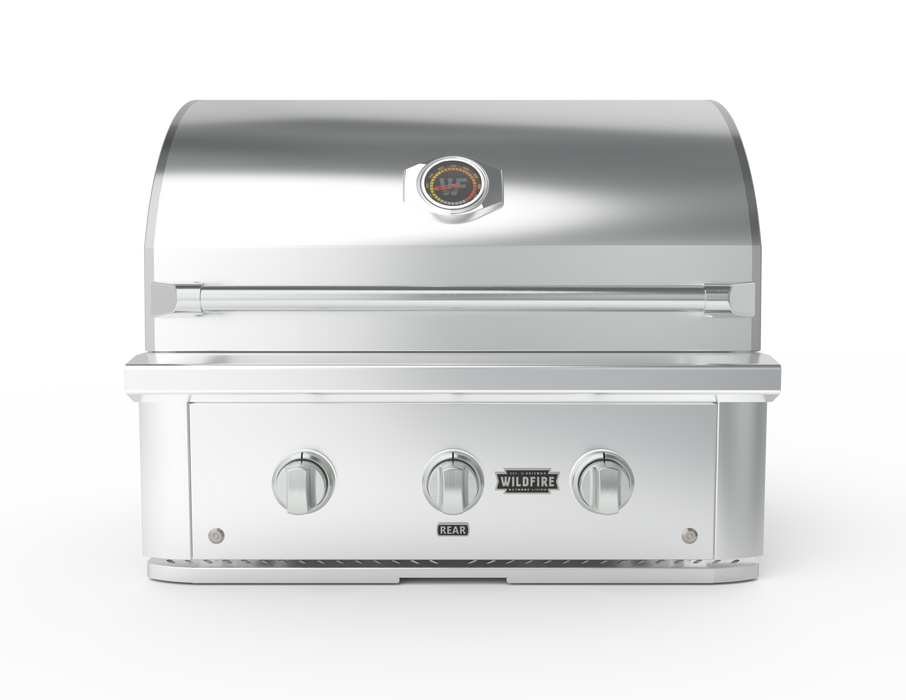 Stono Outdoor Living The Wildfire Outdoor Living Ranch Pro 30" Gas Grill (304 SS, Natural Gas, WFPRO30G-SS-NG) features stainless steel burners, three control knobs, and a lid-mounted temperature gauge. The brand name is visible on the front against a plain white background.