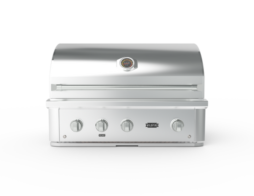 Stono Outdoor Living The Wildfire Ranch Pro 36" Gas Grill by Wildfire Outdoor Living features four control knobs, stainless steel burners, a built-in lid thermometer, and the Wildfire logo—ideal for outdoor kitchens and shown on a plain white background.