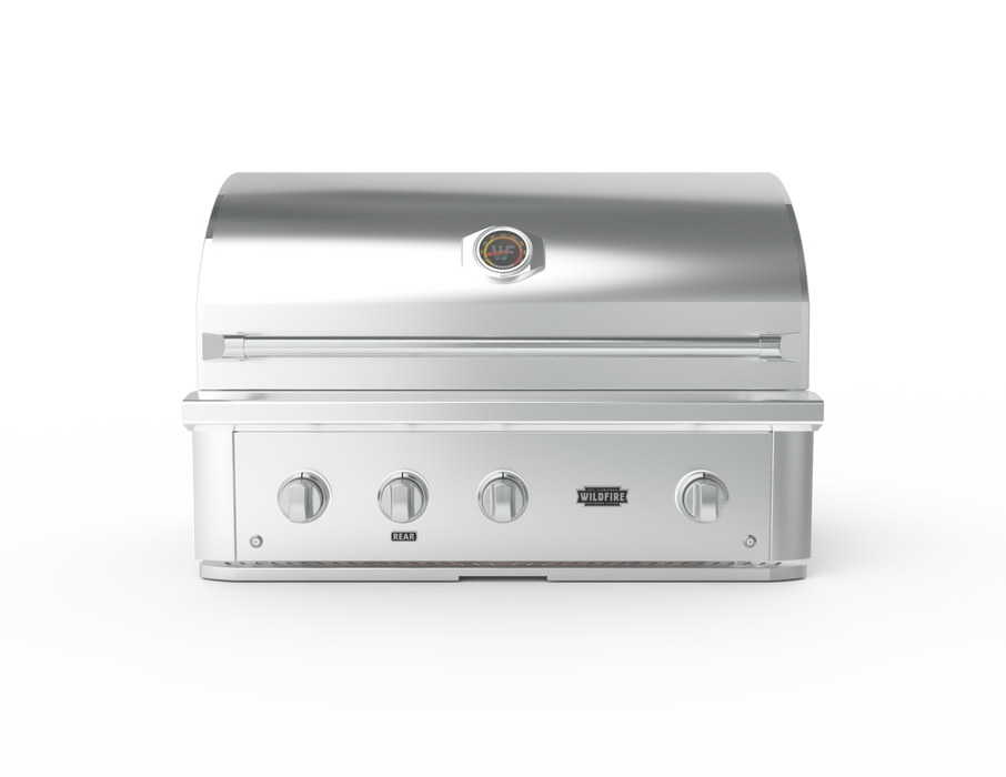 Stono Outdoor Living The Wildfire Outdoor Living Ranch Pro 36" Gas Grill (WFPRO36G-SS-LP) features 304 stainless steel burners, a closed lid, temperature gauge, and four front control knobs, shown against a plain white background.