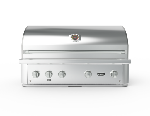 Stono Outdoor Living The Wildfire Ranch Pro 42" Gas Grill by Wildfire Outdoor Living features four control knobs, a built-in lid thermometer, and the brand logo on the front in stainless steel, shown against a plain white background.