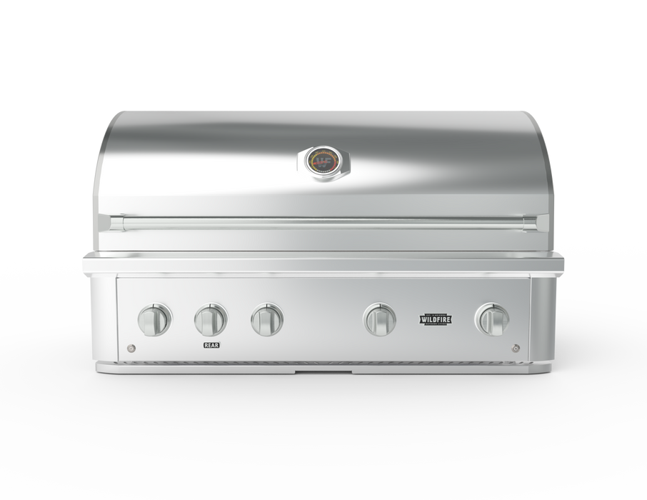 Stono Outdoor Living The Wildfire Ranch Pro 42" Gas Grill by Wildfire Outdoor Living features four control knobs, a built-in lid thermometer, and the brand logo on the front in stainless steel, shown against a plain white background.