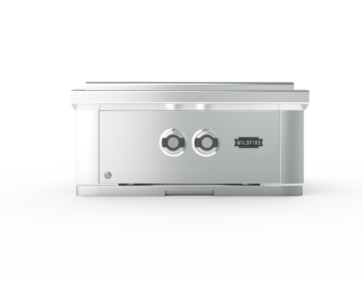Stono Outdoor Living The Wildfire Ranch Pro Power Burner 304 SS Propane by Wildfire Outdoor Living features a powerful stainless steel burner and two front control knobs, with the Wildfire logo on the right—ideal for any outdoor kitchen, shown on a plain white background.