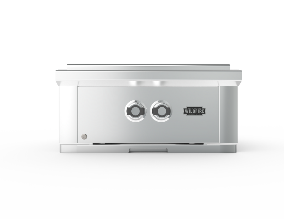 Stono Outdoor Living The Wildfire Ranch Pro Power Burner 304 SS Propane by Wildfire Outdoor Living features a powerful stainless steel burner and two front control knobs, with the Wildfire logo on the right—ideal for any outdoor kitchen, shown on a plain white background.