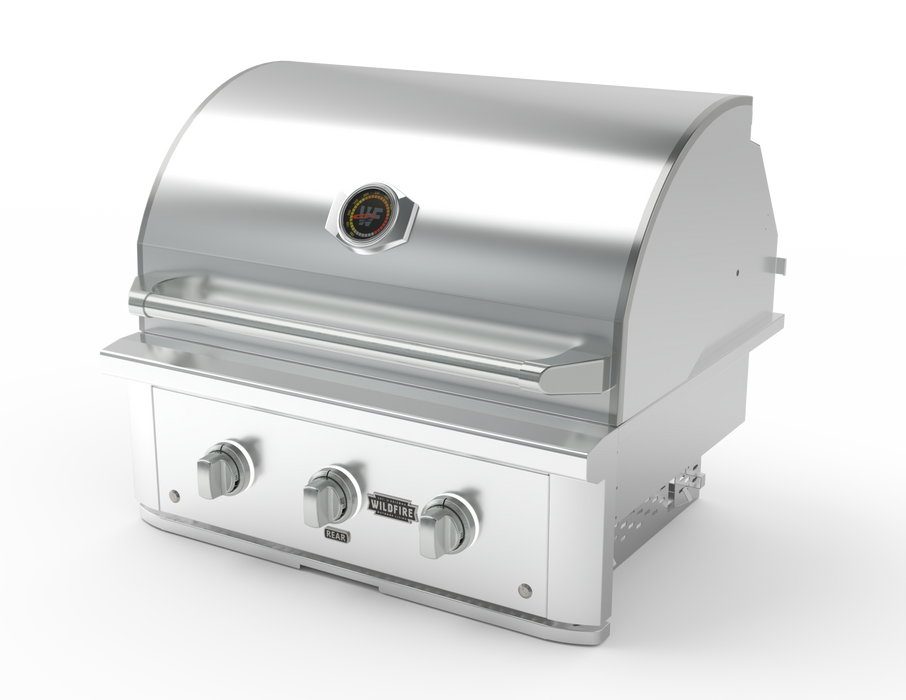 Stono Outdoor Living The Wildfire Ranch Pro 30" Gas Grill by Wildfire Outdoor Living features 304 SS propane burners, a closed lid with built-in thermometer, and three front control knobs—ideal for outdoor kitchens and shown on a plain white background.