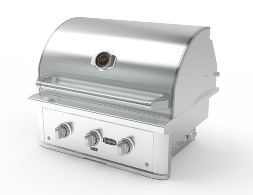 Stono Outdoor Living The Wildfire Outdoor Living Wildfire Ranch Pro 30" Gas Grill 304 SS Natural Gas features stainless steel burners, a closed lid, temperature gauge, and three front control knobs. Its sleek design enhances any modern outdoor kitchen. Shown on a plain white background.