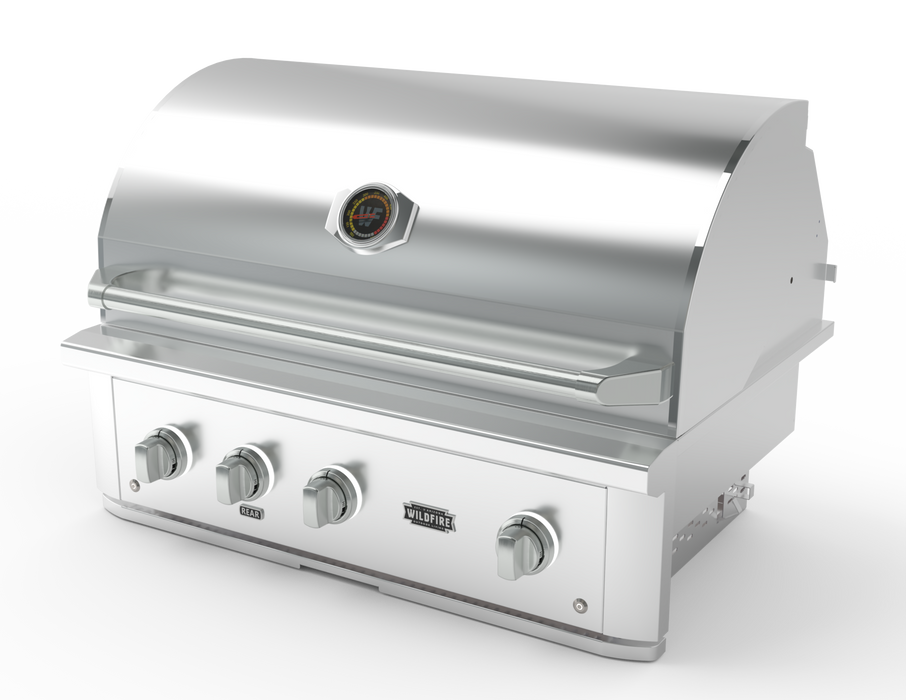 Stono Outdoor Living The Wildfire Ranch Pro 36" Gas Grill (WFPRO36G-SS-LP) by Wildfire Outdoor Living features four control knobs, stainless steel burners, a built-in lid temperature gauge, and a sleek stainless finish—ideal for your outdoor kitchen.