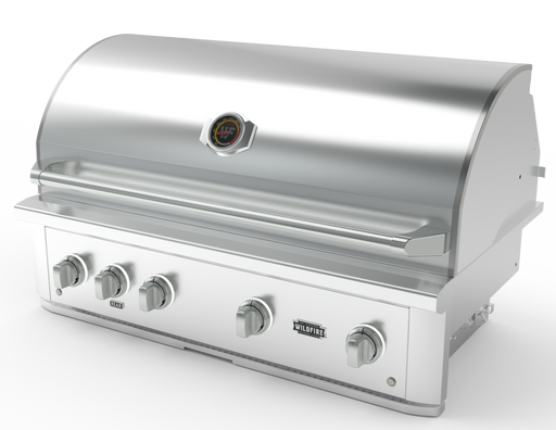 Stono Outdoor Living The Wildfire Ranch Pro 42" Gas Grill (304 SS, Natural Gas) by Wildfire Outdoor Living features four control knobs, a closed lid, a built-in temperature gauge, and a bold front brand logo for your outdoor kitchen.