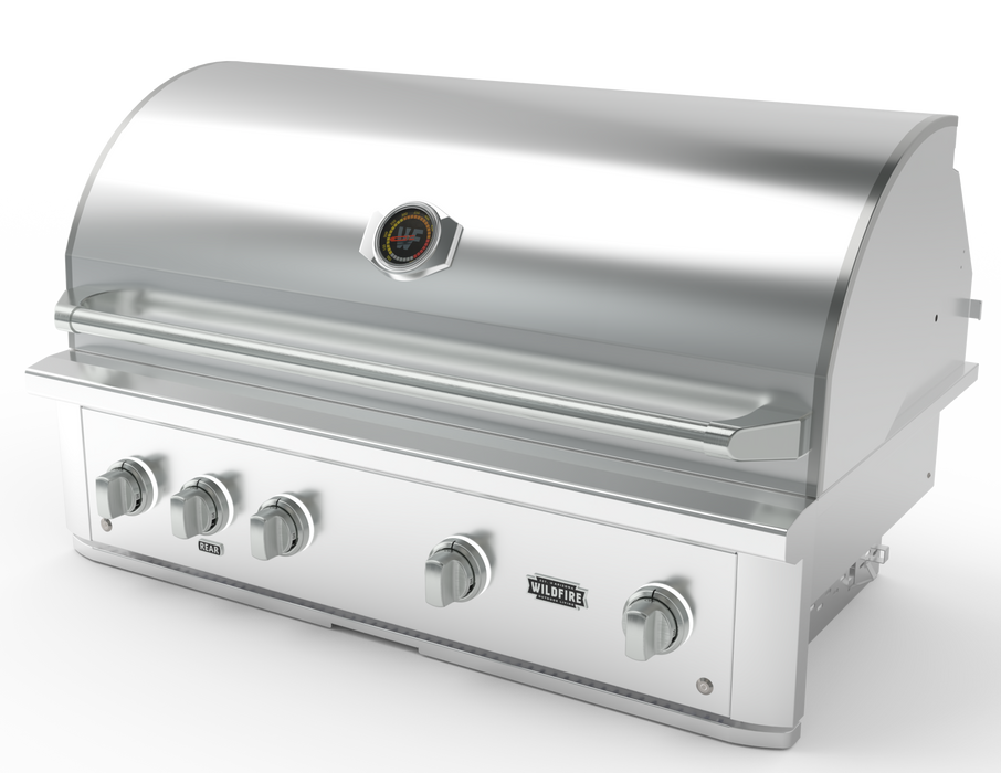 Stono Outdoor Living The Wildfire Ranch Pro 42" Gas Grill (304 SS, Natural Gas) by Wildfire Outdoor Living features four control knobs, a closed lid, a built-in temperature gauge, and a bold front brand logo for your outdoor kitchen.