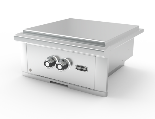 Stono Outdoor Living The Wildfire Ranch Pro Power Burner 304 SS Propane (WFPOWBRN-SS-LP) by Wildfire Outdoor Living features two control knobs and a robust stainless steel burner—an ideal addition to any outdoor kitchen, shown on a white background.