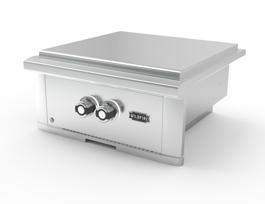 Stono Outdoor Living The Wildfire Ranch Pro Power Burner 304 SS Propane (WFPOWBRN-SS-LP) by Wildfire Outdoor Living features two control knobs and a robust stainless steel burner—an ideal addition to any outdoor kitchen, shown on a white background.