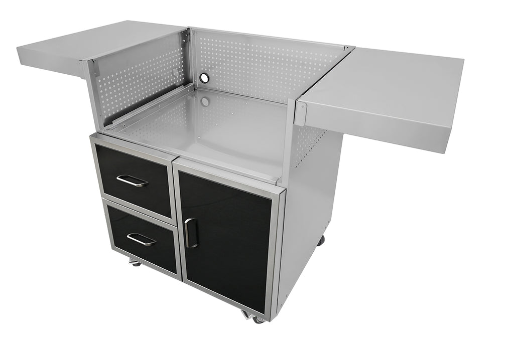 Stono Outdoor Living The Wildfire Ranch Pro 36-in 3 Burner Black 304 SS Natural Gas Grill by Wildfire Outdoor Living pairs perfectly with a rolling metallic tool cabinet featuring side extensions, drawers, double-door storage, wheels, and a perforated backsplash.