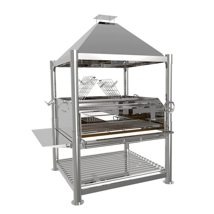 Stono Outdoor Living The Tagwood BBQ XL Argentine Stainless Steel Wood Fire & Charcoal Grill (BBQ22SS) features a chimney hood, adjustable grates, side shelf, and storage rack—ideal for authentic barbecuing over wood or charcoal.