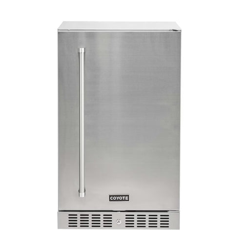 Stono Outdoor Living The Coyote 21" Outdoor Refrigerator Right Hinge (C121R-S-R) features a stainless steel finish, vertical right handle, bottom ventilation grille, and the Coyote logo on the front—perfect for your outdoor kitchen.