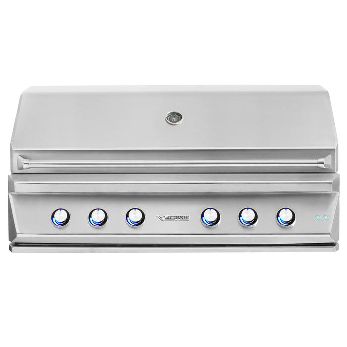 Stono Outdoor Living The Twin Eagles 42-Inch 3-Burner Built-In Natural Gas Grill features a closed stainless steel lid, six blue LED knobs, a hood thermometer, and the advanced Five-Part Grilling System found in top Twin Eagles grills.