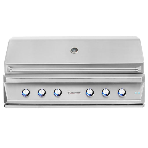 Stono Outdoor Living The Twin Eagles 54-Inch 4-Burner Built-In Natural Gas Grill with Sear Zone & Two Infrared Rotisserie Burners features blue-lit knobs, a closed lid with built-in thermometer, and showcases Twin Eagles’ signature Five-Part Grilling System.