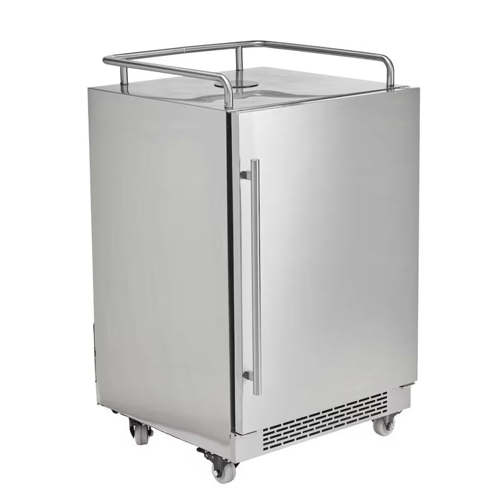 Stono Outdoor Living The Coyote 24" Outdoor Kegerator (C124KEG) features stainless steel construction, a single door with vertical handle, top railing, and four caster wheels—ideal for serving draft beverages anywhere.