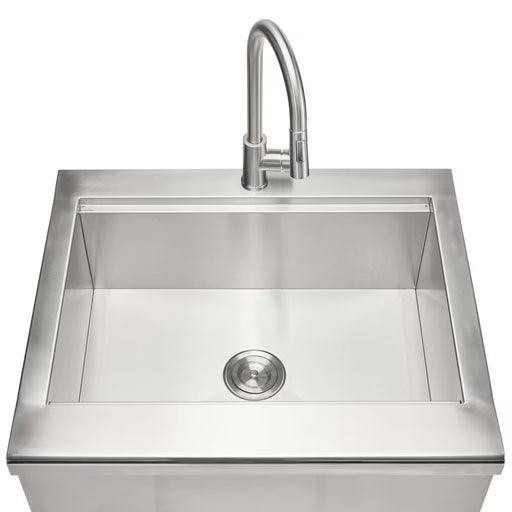 Stono Outdoor Living The Coyote 30" Farmhouse Sink & Faucet (C3FHSINK) features a clean, square stainless steel basin with a tall curved faucet and central drain, shown from above.
