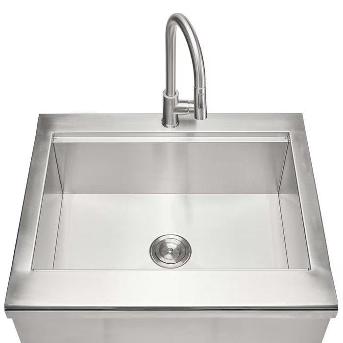 Stono Outdoor Living The Coyote 30" Farmhouse Sink & Faucet (C3FHSINK) features a clean, square stainless steel basin with a tall curved faucet and central drain, shown from above.
