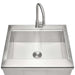 Stono Outdoor Living The Coyote 30" Farmhouse Sink & Faucet (C3FHSINK) features a clean, square stainless steel basin with a tall curved faucet and central drain, shown from above.