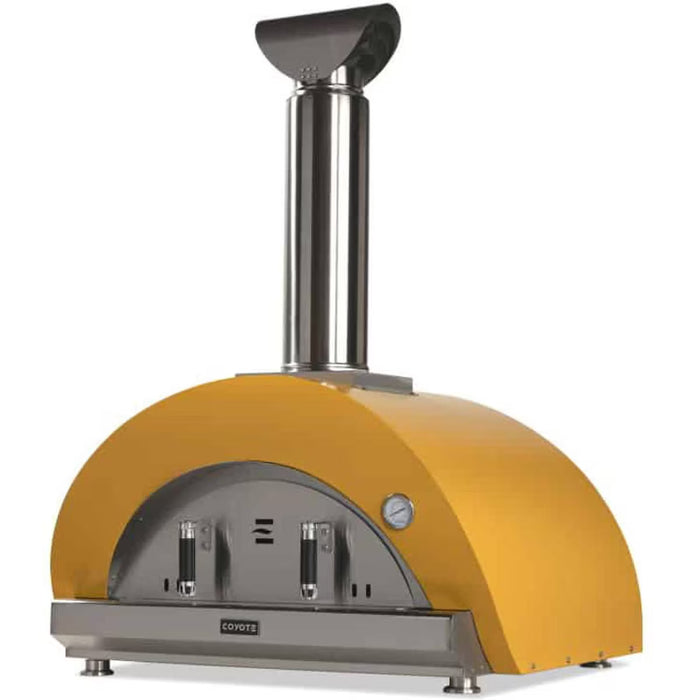 Stono Outdoor Living The Coyote 40" Duomo Wood Fired Outdoor Oven, Yellow (C1PZ40WY), features a ceramic dome, stainless steel chimney and front panel, built-in thermometer, and a dual-handled door for outdoor pizza making.
