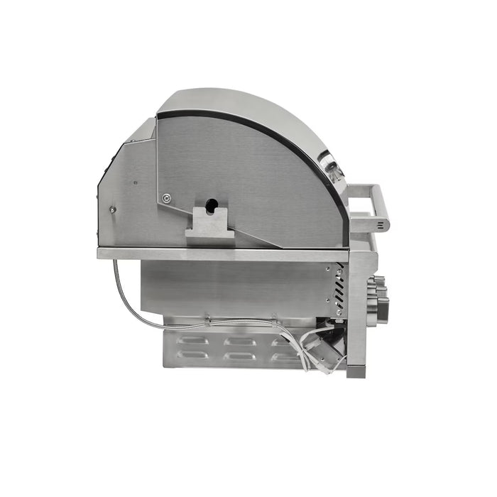 Stono Outdoor Living Side view of the Coyote 30" SL-Series Grill (C3SL30NG) in natural gas with a rounded lid, control knobs, handle, LED lights, visible connector—ideal for outdoor kitchens and designed with grilling safety features.