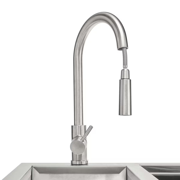 Stono Outdoor Living The Coyote 30" Refreshment Center w/ Sink, Faucet, and DI Cooler (C3RC) is a sleek stainless steel unit ideal for outdoor kitchens or bars, featuring a high curved spout and pull-down spray head.