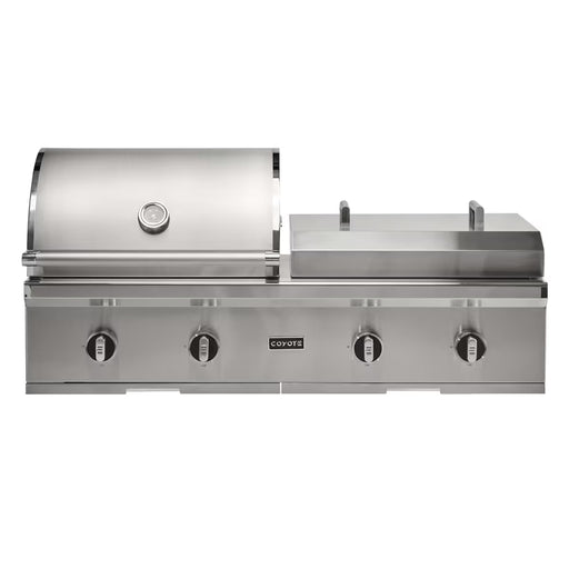 Stono Outdoor Living The Coyote 50" Combo Grill, Built-In Natural Gas (C3CO50NG), features four control knobs, a flat-top surface, built-in left lid thermometer, and a separate right compartment—ideal for backyard cooking.