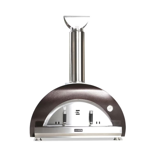 Stono Outdoor Living The Coyote 40" Duomo Wood Fired Outdoor Oven, Copper (C1PZ40WC) features a stainless steel build, tall chimney, curved dark exterior, ceramic dome, temperature gauge, and dual front handles—shown against a plain white background.
